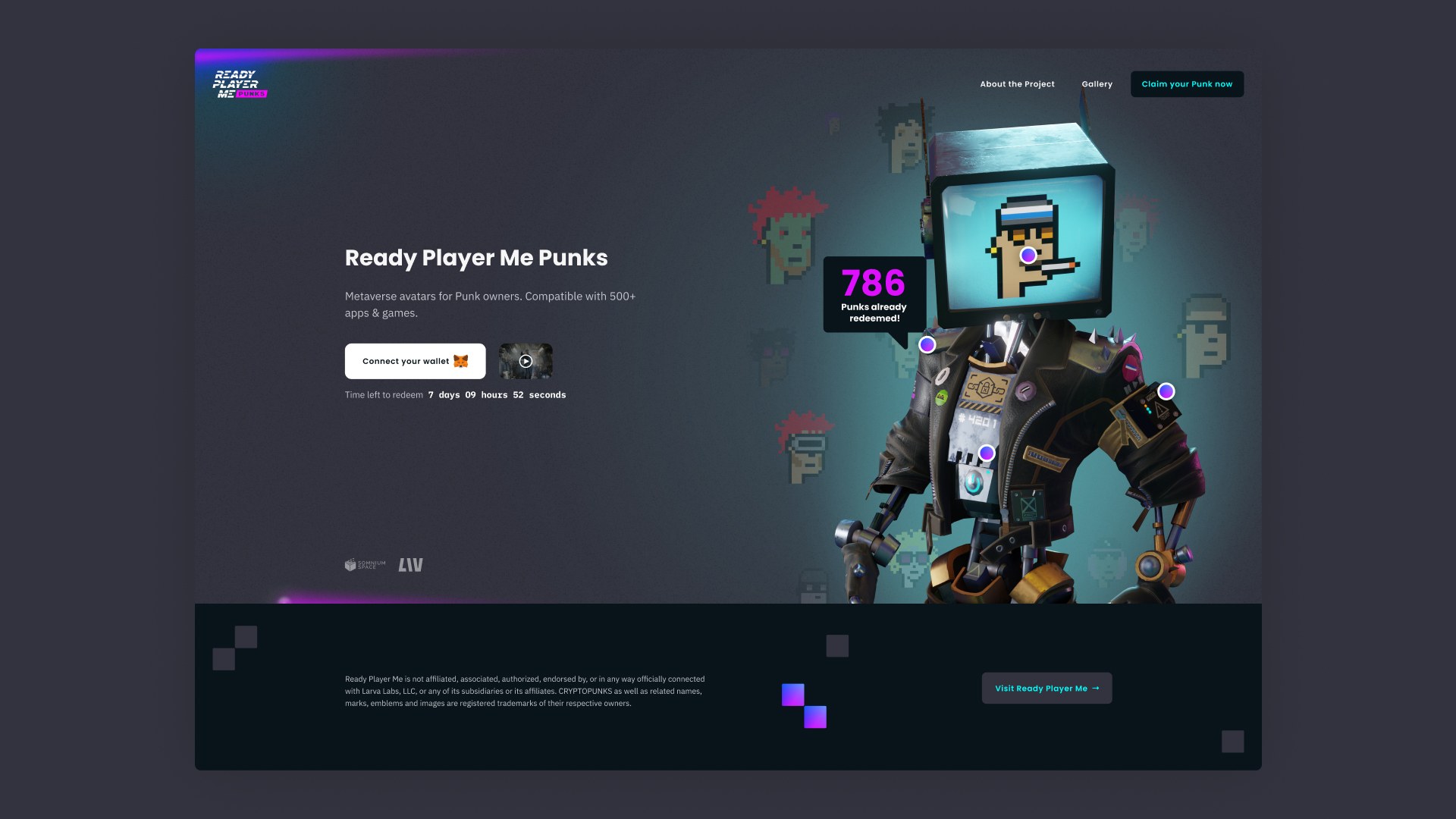 ReadyPlayerMe Punks ReadyPlayerMe Punks kampaanialehe UI/UX kujundus